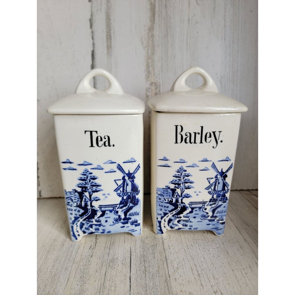 Vintage Germany tea barley jar container set Xmas decor windmill